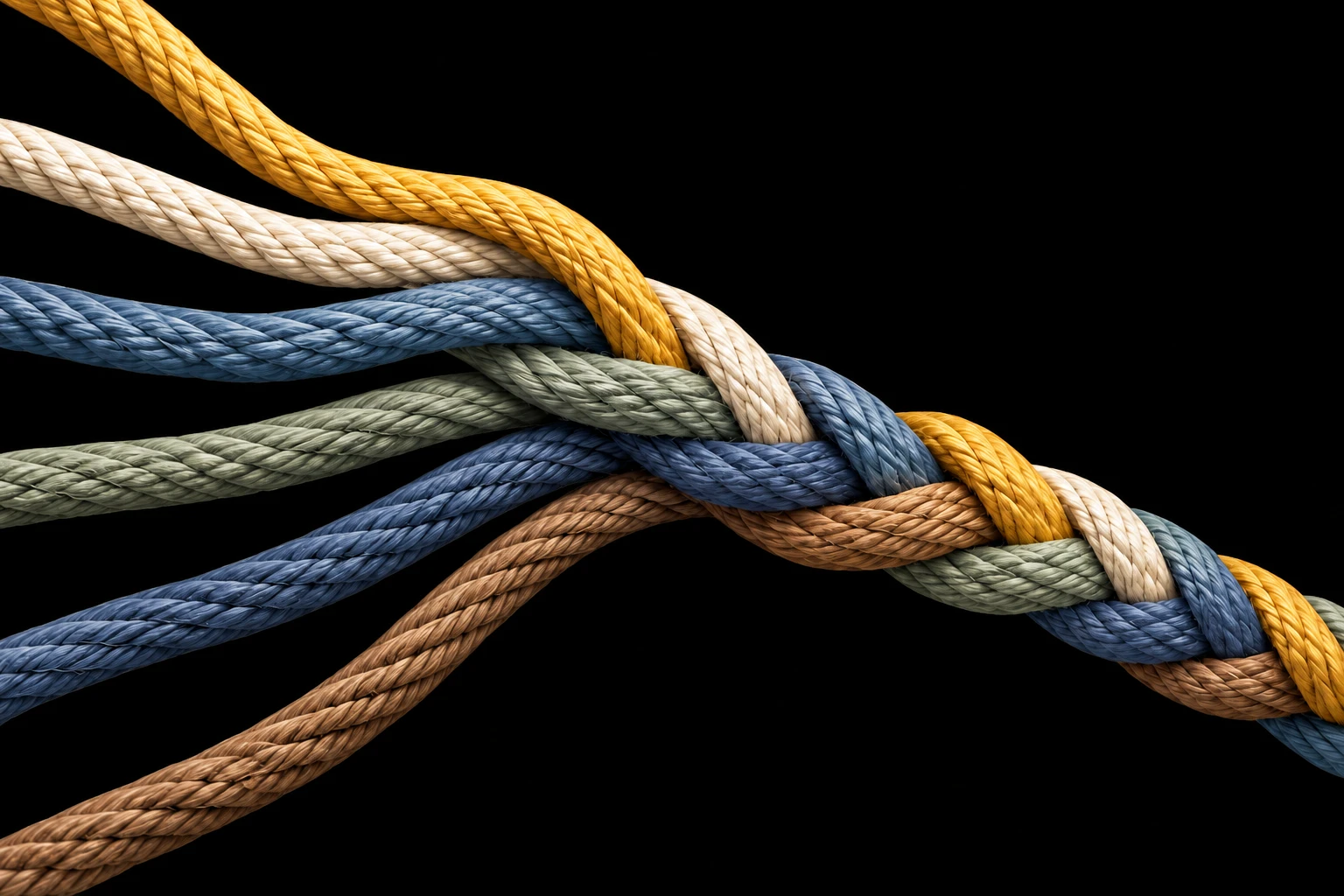 Six separate colored strands weave into one strong rope, each retaining its own identity.
